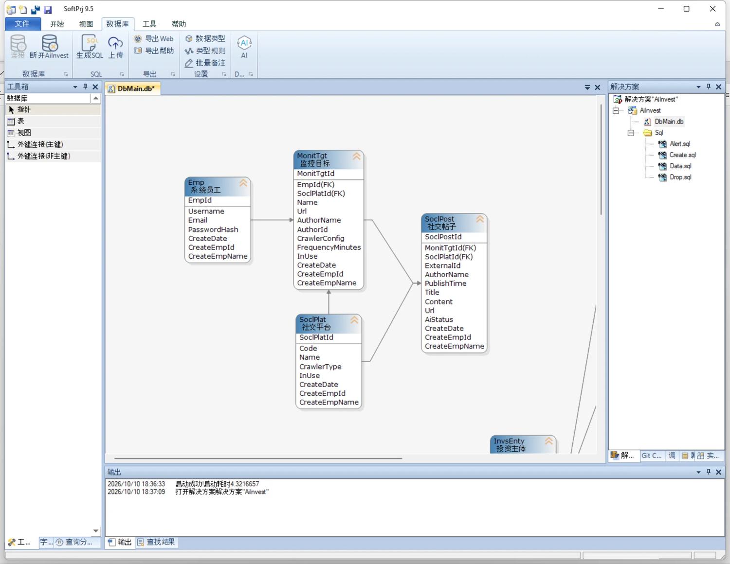SoftPrj database visual model with related tables